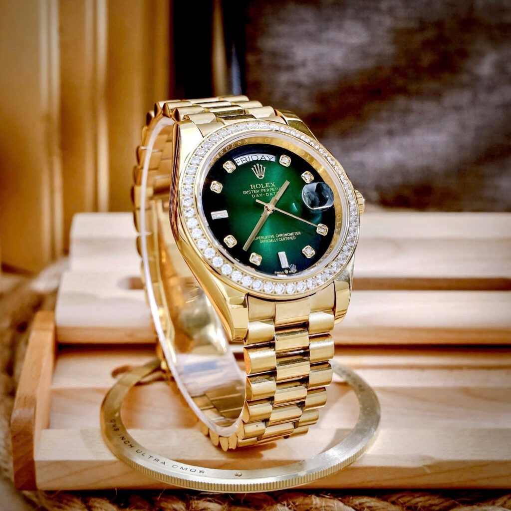 Đồng hồ Rolex Date Date vàng gold nam đính đá máy cơ nhật giá rẻ 40mm