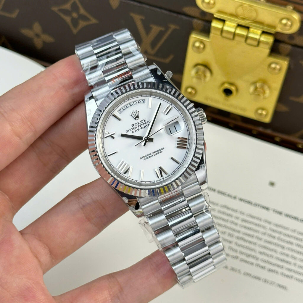 Đồng hồ Rolex Day-Date Rep 1 1 mặt trắng cọc số la mã nặng 186 gram xưởng QF 40mm (2)