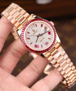 Đồng hồ Rolex Day-Date Rep 11 bọc vàng 18K đính ruby tổng hợp + kim cương moissanite GMF 40mm (2)