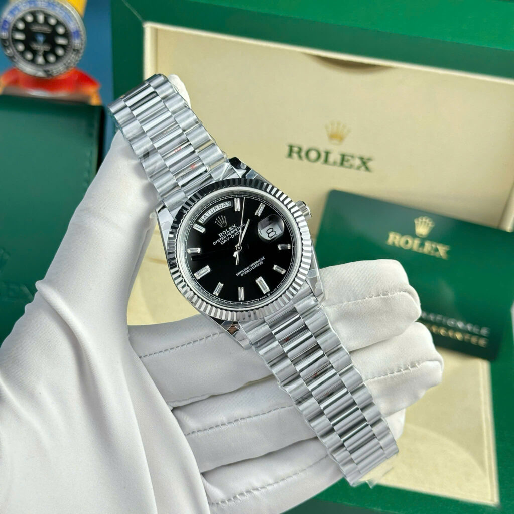 Đồng hồ Rolex Day-Date Replica 11 mặt đen cọc số đá nặng 186 gram nhà máy QF 40mm (2)