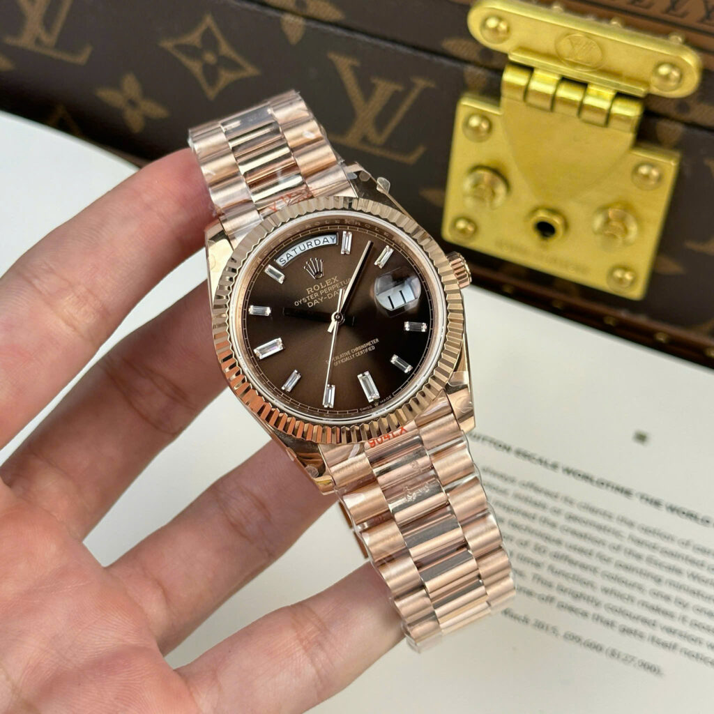 Đồng hồ Rolex chế tác Day-Date nam mặt nâu nặng 186 gram nhà máy QF 40mm (1)