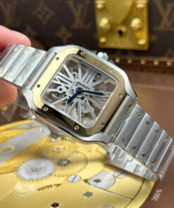 Đồng hồ nam Cartier Santos Rep 1 1 mặt lộ cơ viền vàng nhà máy MLF 39 (1)