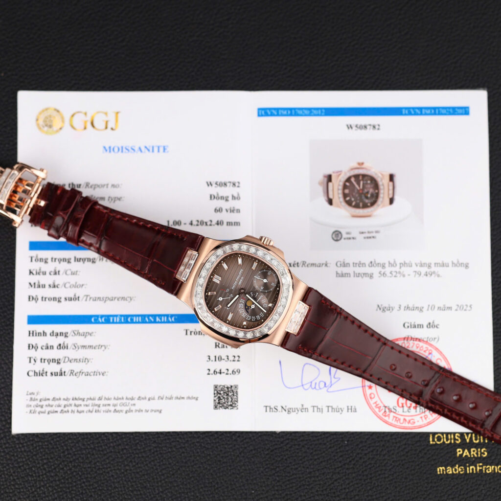 Đồng hồ nam Patek Philippe Nautilus 5724R Chế Tác bọc vàng thật + đính kim cương moissanite nhà máy GR 40mm (2)