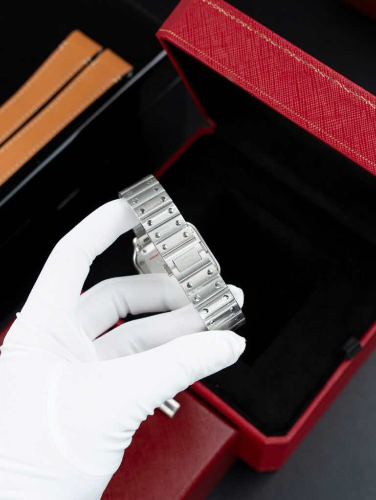 Đồng hồ nữ Cartier Santos Replica 11 mặt trắng xanh dương dây kim loại nhà máy BV 35 (2)