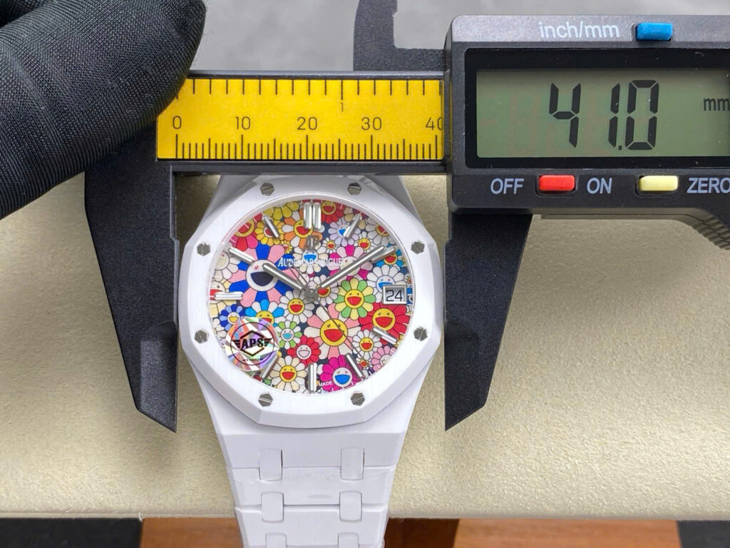 Đồng hồ Audemars Piguet 15500 Sunflower Replica 11 vỏ gốm trắng họa tiết bông hoa cười xưởng APS 41mm (2)