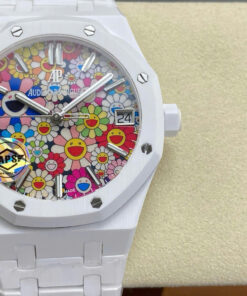 Đồng hồ Audemars Piguet 15500 Sunflower Replica 11 vỏ gốm trắng họa tiết bông hoa cười xưởng APS 41mm (2)