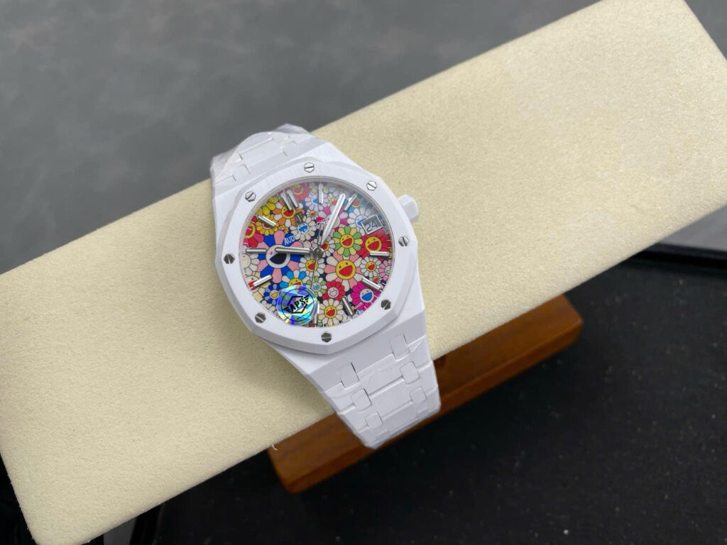 Đồng hồ Audemars Piguet 15500 Sunflower Replica 11 vỏ gốm trắng họa tiết bông hoa cười xưởng APS 41mm (2)