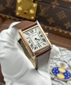 Đồng hồ Cartier Tank Louis Replica 11 mặt trắng vỏ mạ vàng hồng dây da 27.8×38 (2)