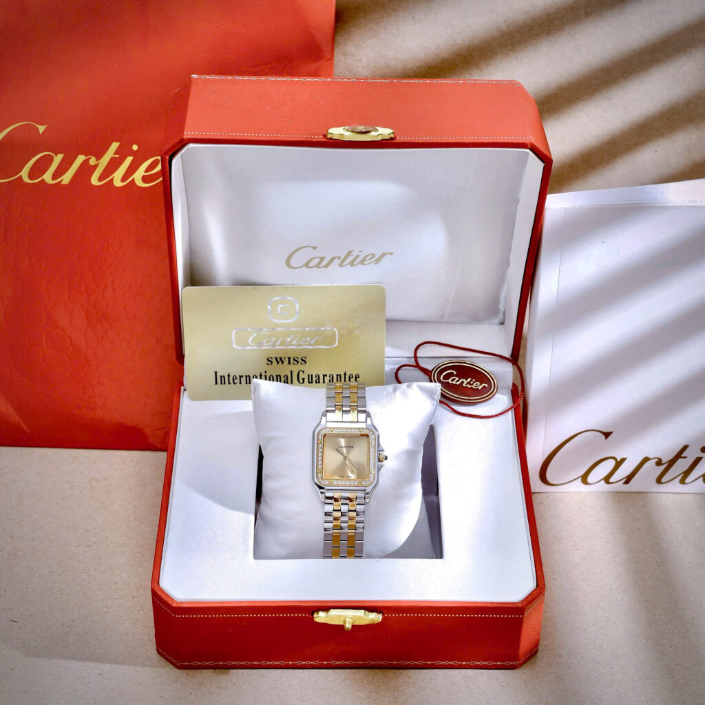 Đồng hồ Cartier nữ Panthere mặt trơn vàng champagne demi đính đá like auth 27x27mm 