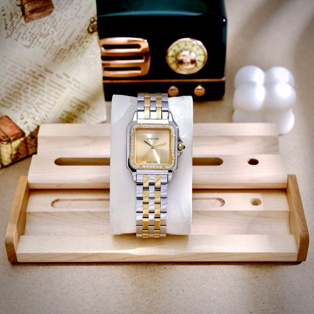 Đồng hồ Cartier nữ Panthere mặt trơn vàng champagne demi đính đá like auth 27x27mm 