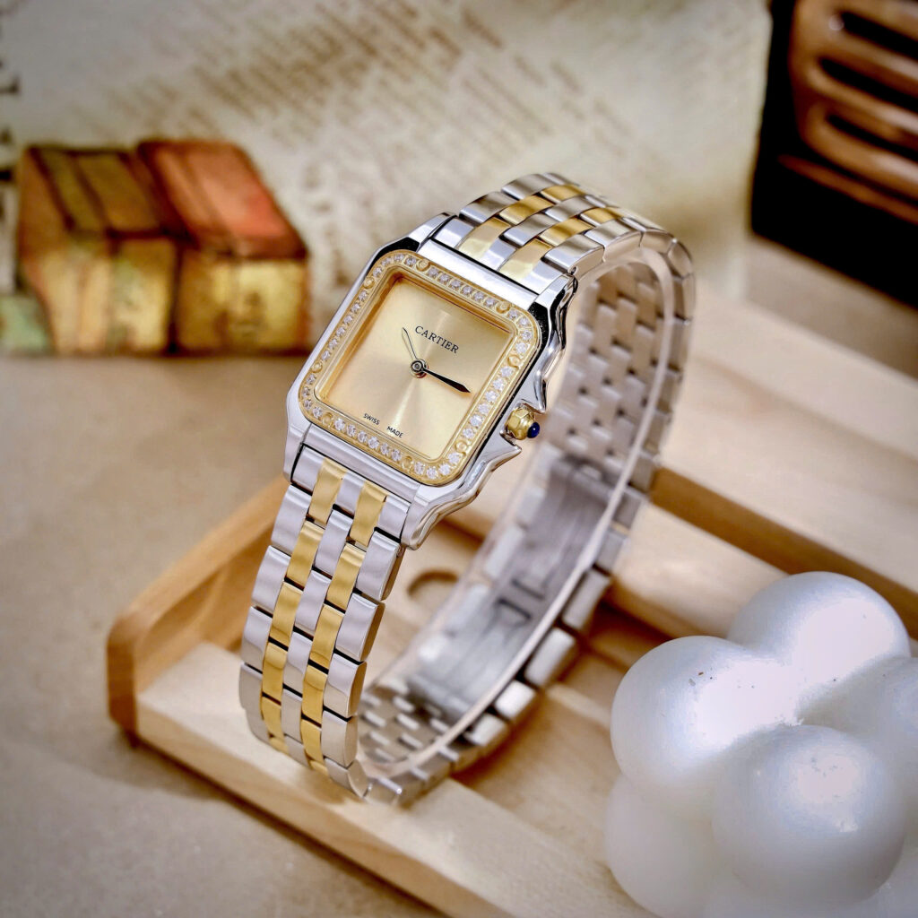 Đồng hồ Cartier nữ Panthere mặt trơn vàng champagne demi đính đá like auth 27x27mm 