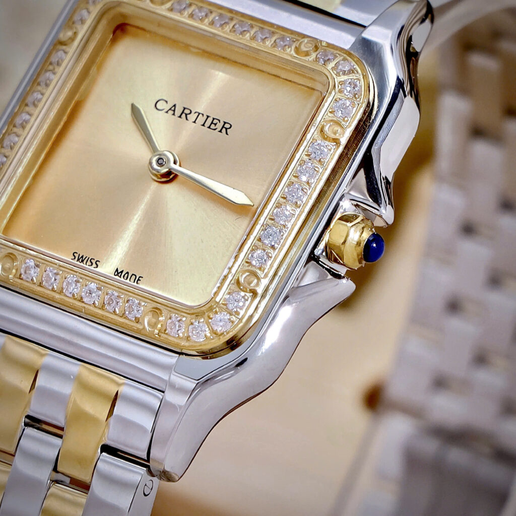 Đồng hồ Cartier nữ Panthere mặt trơn vàng champagne demi đính đá like auth 27x27mm 