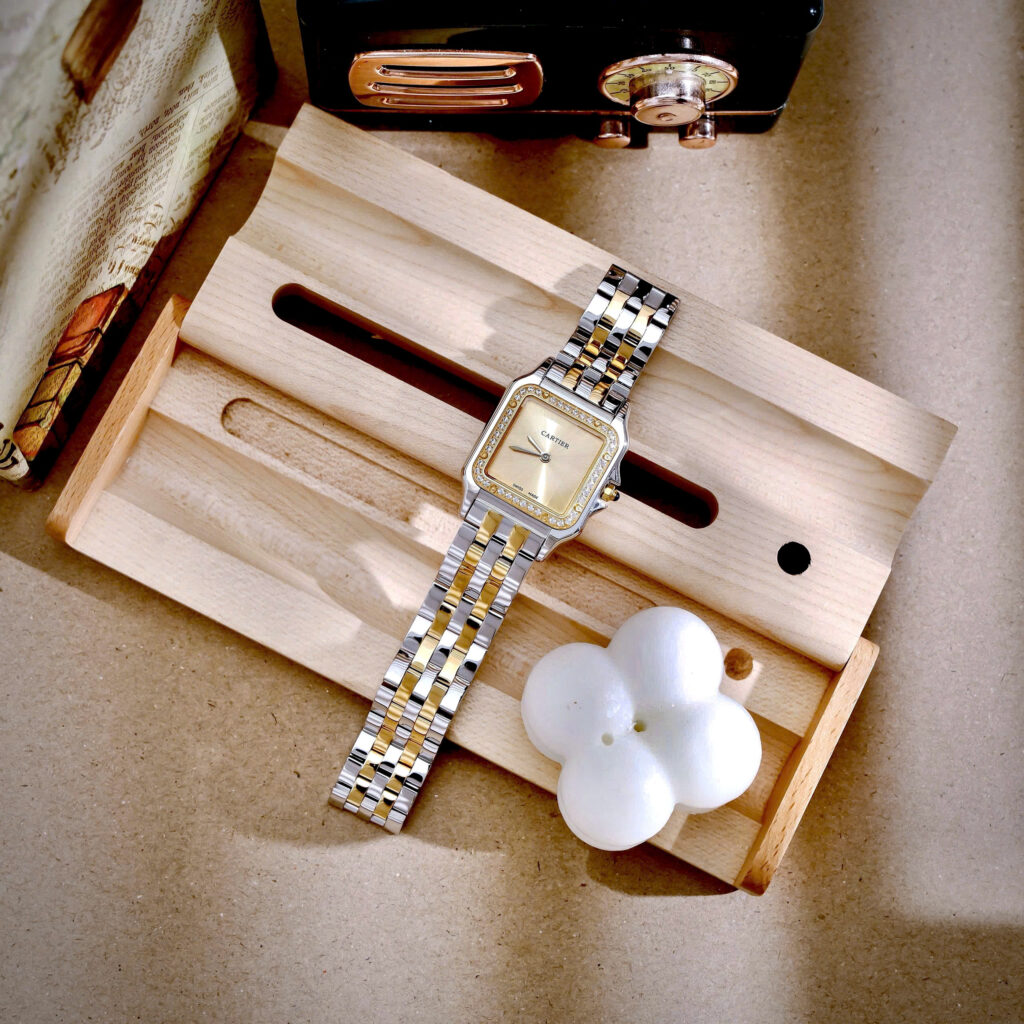 Đồng hồ Cartier nữ Panthere mặt trơn vàng champagne demi đính đá like auth 27x27mm 