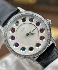 Đồng hồ Fendi Crazy Carats Replica 11 mặt khảm xà cừ trắng dây da đen 36mm (2)