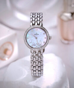 Đồng hồ Omega De Ville nữ dây kim loại mặt xà cừ đính đá like auth 28mm