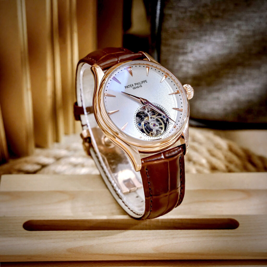 Đồng hồ Patek Philippe Genève nam vàng gold lộ cơ Tourbillon fake cao cấp 43mm