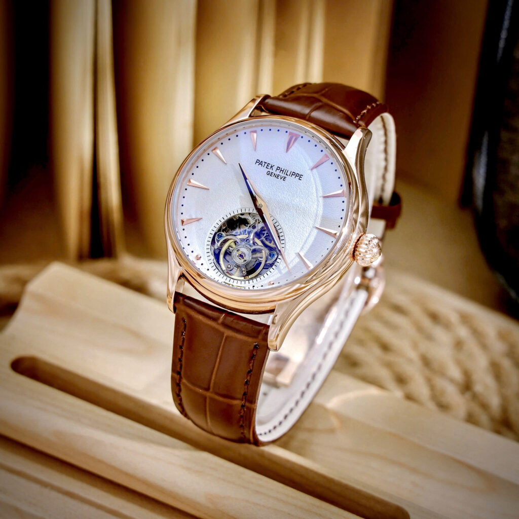 Đồng hồ Patek Philippe Genève nam vàng gold lộ cơ Tourbillon fake cao cấp 43mm
