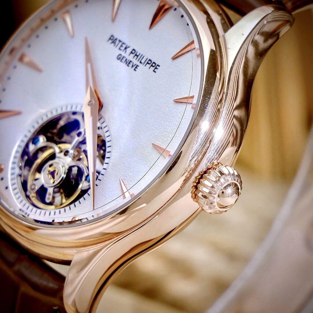 Đồng hồ Patek Philippe Genève nam vàng gold lộ cơ Tourbillon fake cao cấp 43mm