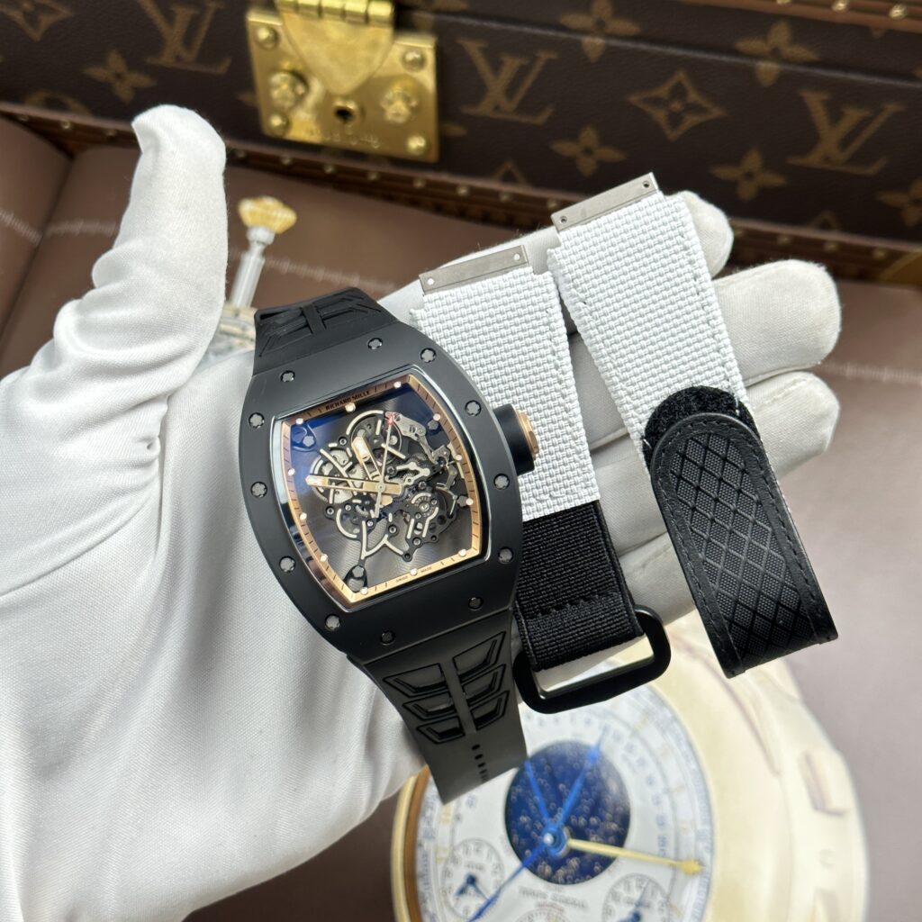 Đồng hồ Richard Mille RM055 Rep 11 vỏ gốm viền màu đồng dây cao su xưởng ZF 49.9×42 (1)