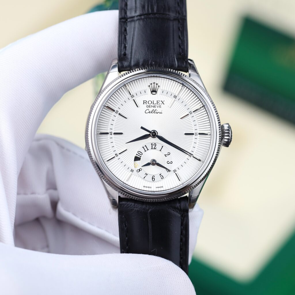 Đồng hồ Rolex Cellini 50525 Rep cao cấp mặt trắng dây da đen 39mm (2)