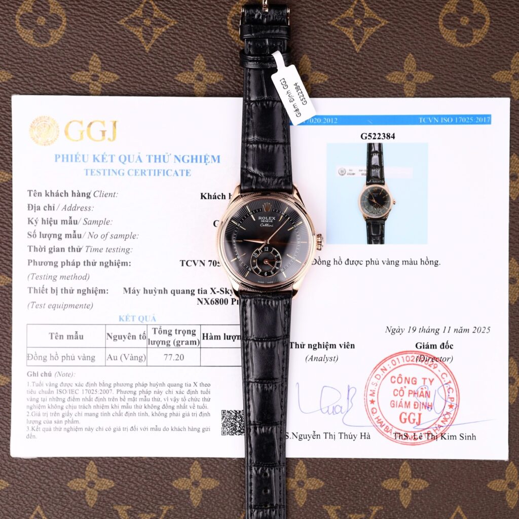 Đồng hồ Rolex Cellini Dual Time 50525 Replica 11 mặt đen vỏ phủ vàng thật 18K 39mm (2)