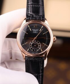 Đồng hồ Rolex Cellini Dual Time 50525 Replica 11 mặt đen vỏ phủ vàng thật 18K 39mm (2)