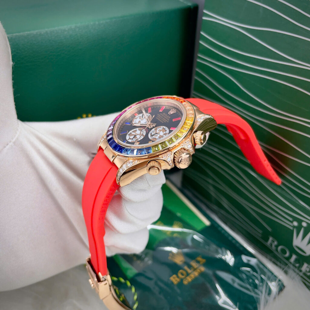 Đồng hồ Rolex Daytona Rainbow nam dây cao su đỏ máy cơ nhật giá rẻ 40mm