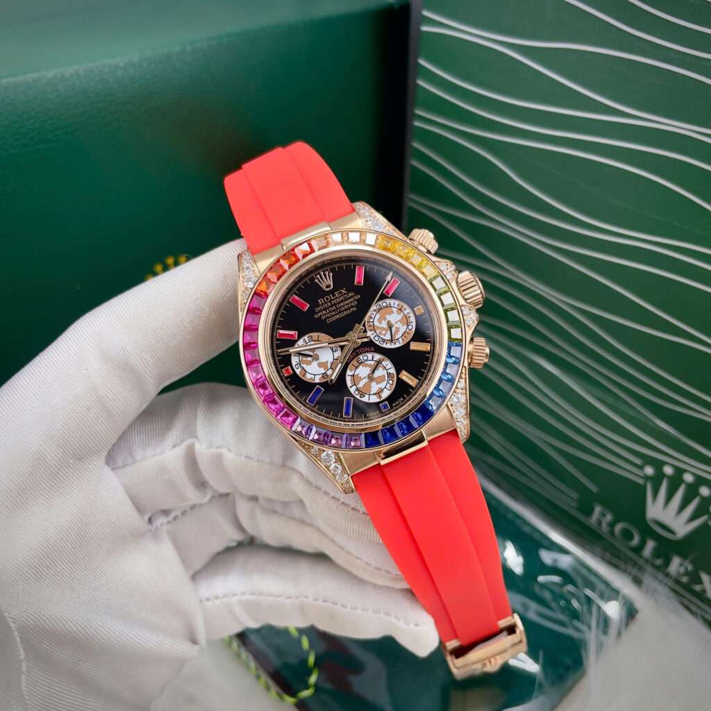 Đồng hồ Rolex Daytona Rainbow nam dây cao su đỏ máy cơ nhật giá rẻ 40mm