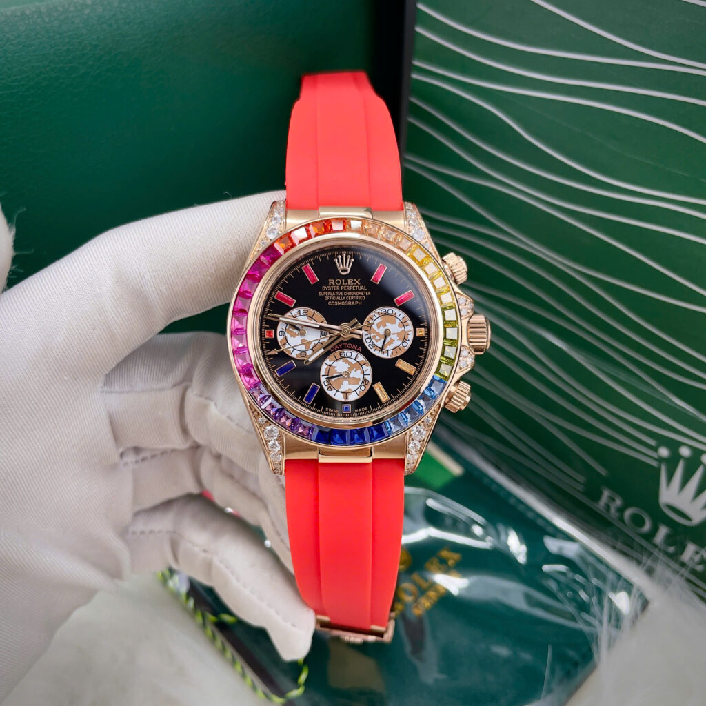 Đồng hồ Rolex Daytona Rainbow nam dây cao su đỏ máy cơ nhật giá rẻ 40mm