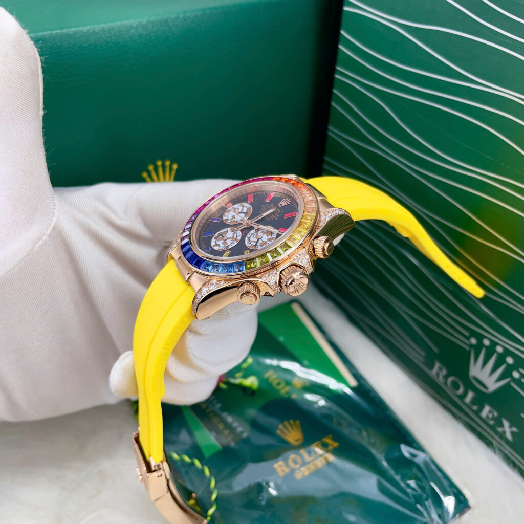 Đồng hồ Rolex Daytona Rainbow nam dây cao su vàng fake cao cấp 40mm