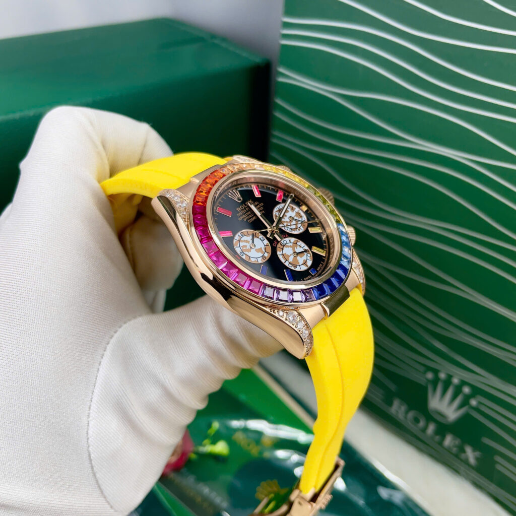Đồng hồ Rolex Daytona Rainbow nam dây cao su vàng fake cao cấp 40mm