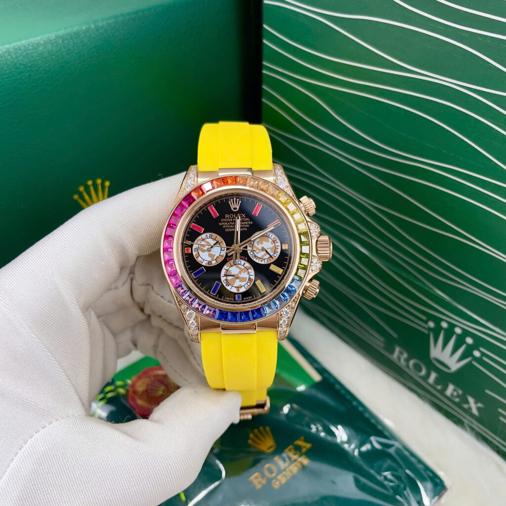 Đồng hồ Rolex Daytona Rainbow nam dây cao su vàng fake cao cấp 40mm