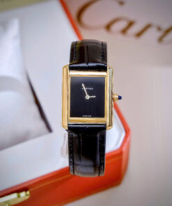Đồng Hồ Cartier Tank Louis Nữ Vàng Gold Dây Da Đen Fake Cao Cấp 24x32mm