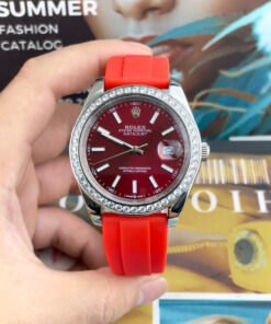 Đồng Hồ Rolex DateJust Máy Cơ Nhật Dây Cao Su Đỏ Đính Đá Fake Cao Cấp 41mm