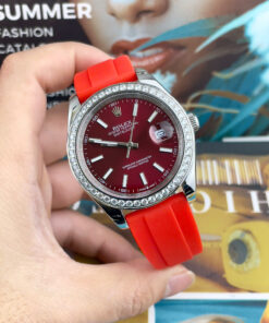 Đồng Hồ Rolex DateJust Máy Cơ Nhật Dây Cao Su Đỏ Đính Đá Fake Cao Cấp 41mm