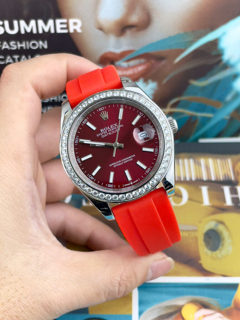 Đồng Hồ Rolex DateJust Máy Cơ Nhật Dây Cao Su Đỏ Đính Đá Fake Cao Cấp 41mm