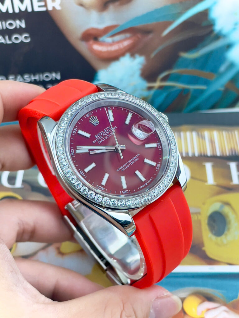 Đồng Hồ Rolex DateJust Máy Cơ Nhật Dây Cao Su Đỏ Đính Đá Fake Cao Cấp 41mm