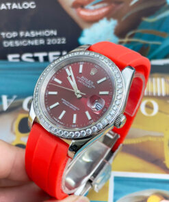 Đồng Hồ Rolex DateJust Máy Cơ Nhật Dây Cao Su Đỏ Đính Đá Fake Cao Cấp 41mm
