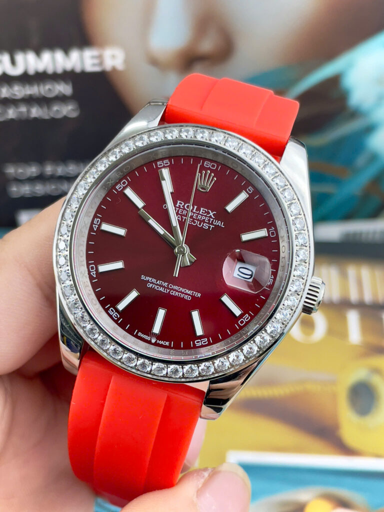 Đồng Hồ Rolex DateJust Máy Cơ Nhật Dây Cao Su Đỏ Đính Đá Fake Cao Cấp 41mm