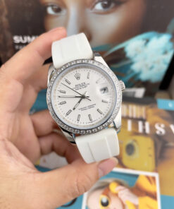 Đồng Hồ Rolex DateJust Nam Dây Cao Su Trắng Cọc Số Dạ Quang Fake Cao Cấp 41mm