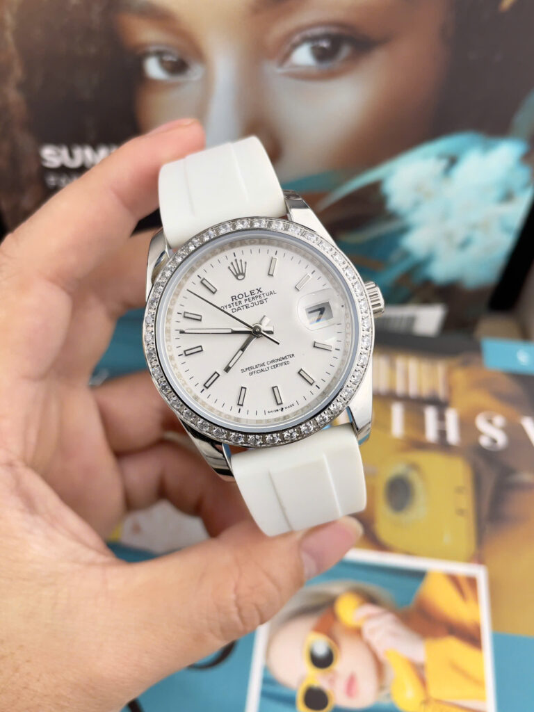 Đồng Hồ Rolex DateJust Nam Dây Cao Su Trắng Cọc Số Dạ Quang Fake Cao Cấp 41mm