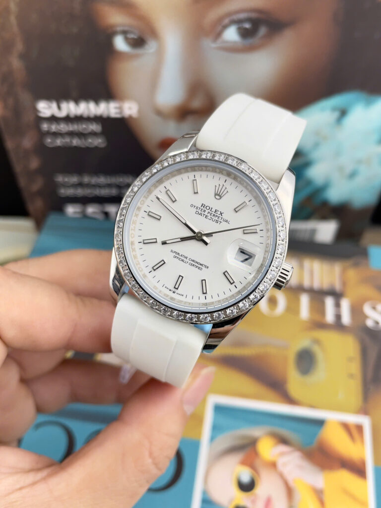 Đồng Hồ Rolex DateJust Nam Dây Cao Su Trắng Cọc Số Dạ Quang Fake Cao Cấp 41mm