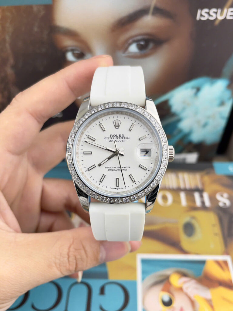 Đồng Hồ Rolex DateJust Nam Dây Cao Su Trắng Cọc Số Dạ Quang Fake Cao Cấp 41mm
