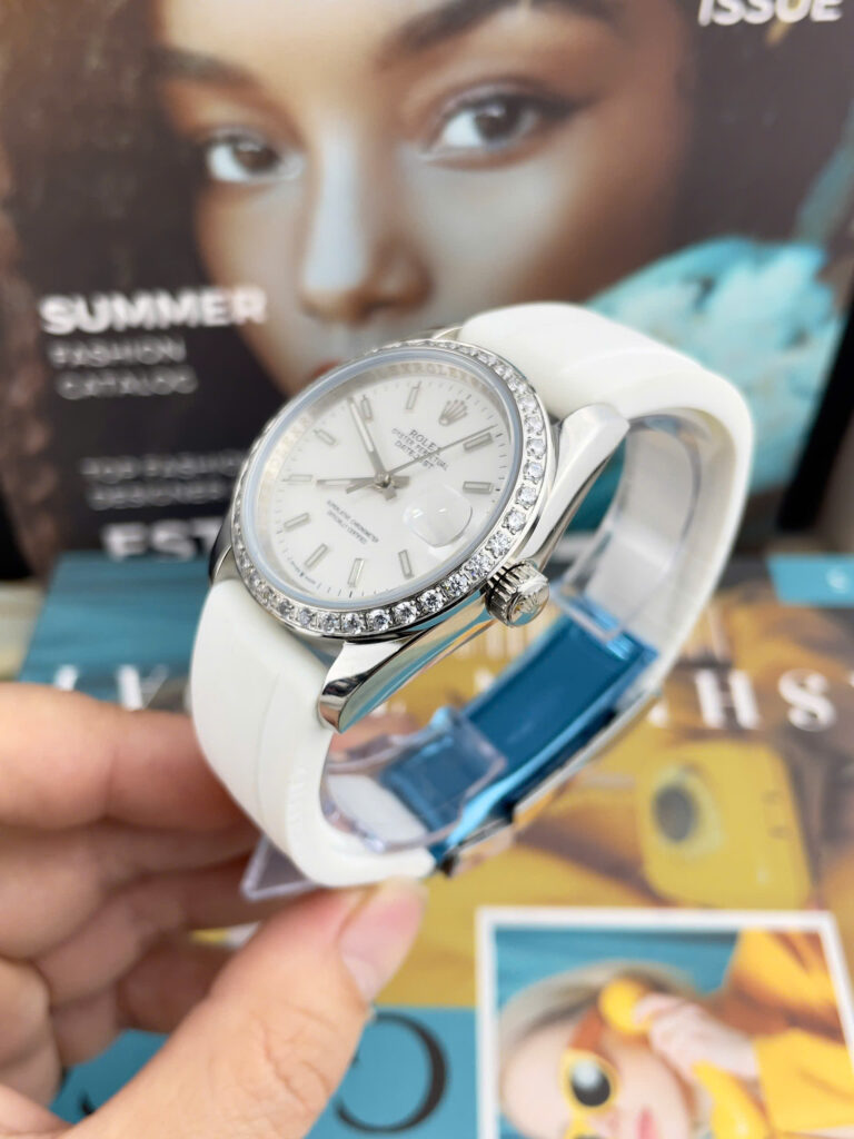 Đồng Hồ Rolex DateJust Nam Dây Cao Su Trắng Cọc Số Dạ Quang Fake Cao Cấp 41mm