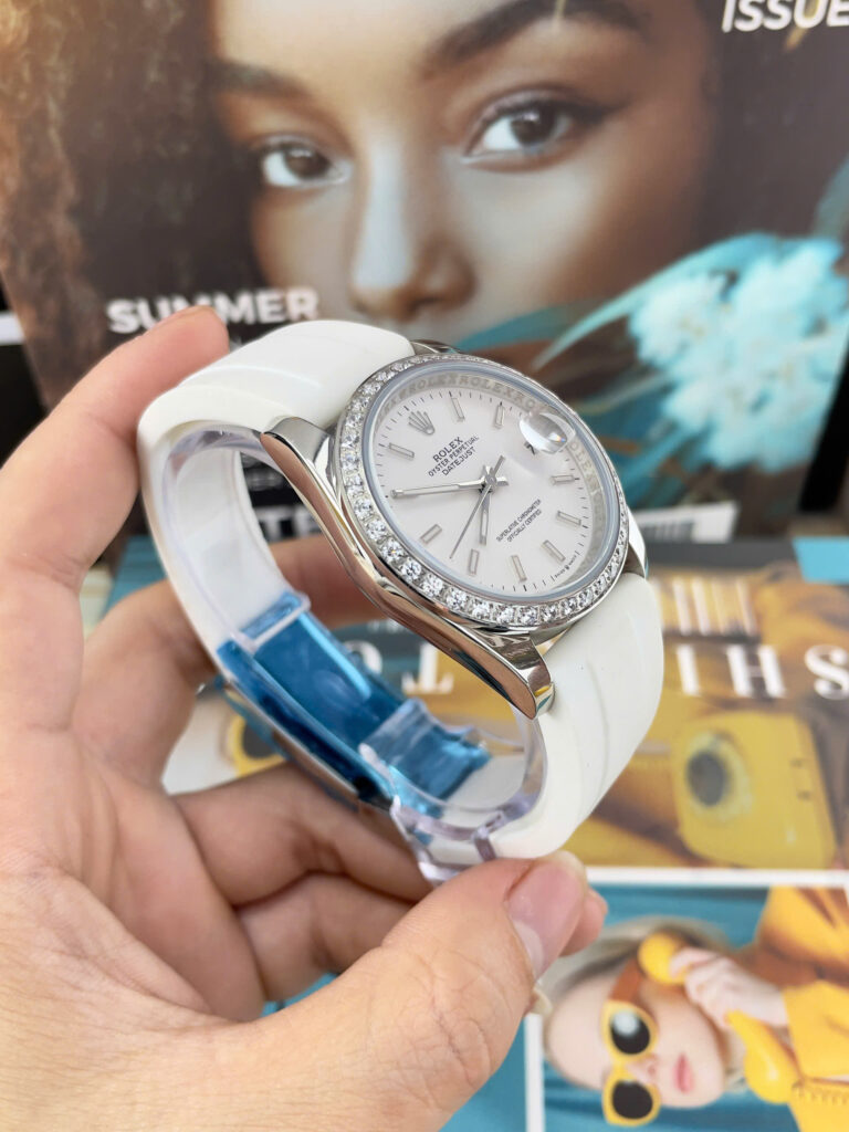 Đồng Hồ Rolex DateJust Nam Dây Cao Su Trắng Cọc Số Dạ Quang Fake Cao Cấp 41mm