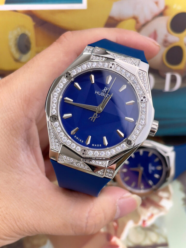 Đồng Hồ nam Hublot Orlinski đính đá mặt xanh blue máy cơ nhật giá rẻ fake cao cấp 40mm
