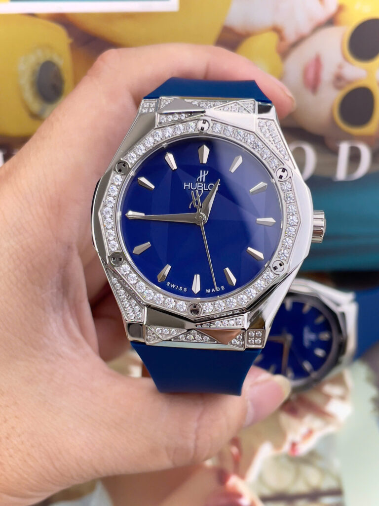 Đồng Hồ nam Hublot Orlinski đính đá mặt xanh blue máy cơ nhật giá rẻ fake cao cấp 40mm