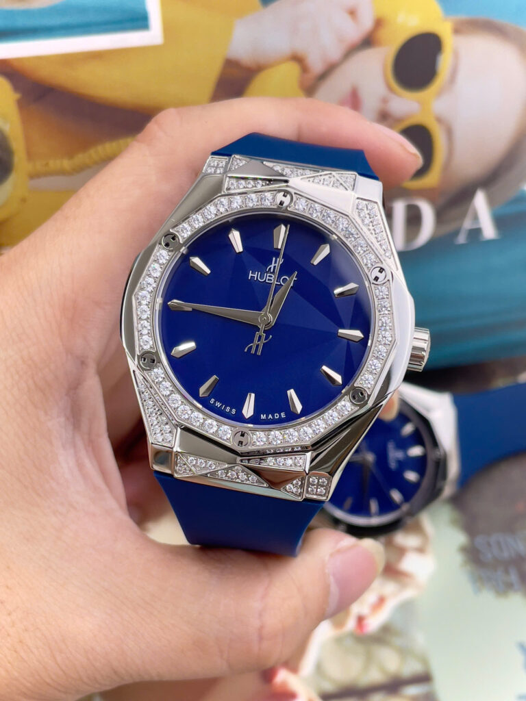 Đồng Hồ nam Hublot Orlinski đính đá mặt xanh blue máy cơ nhật giá rẻ fake cao cấp 40mm