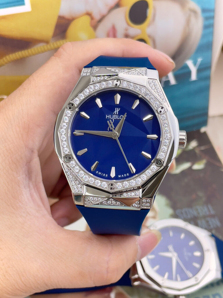 Đồng Hồ nam Hublot Orlinski đính đá mặt xanh blue máy cơ nhật giá rẻ fake cao cấp 40mm