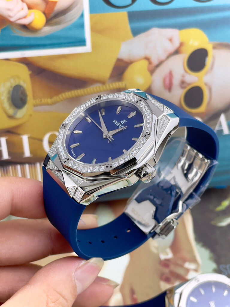 Đồng Hồ nam Hublot Orlinski đính đá mặt xanh blue máy cơ nhật giá rẻ fake cao cấp 40mm